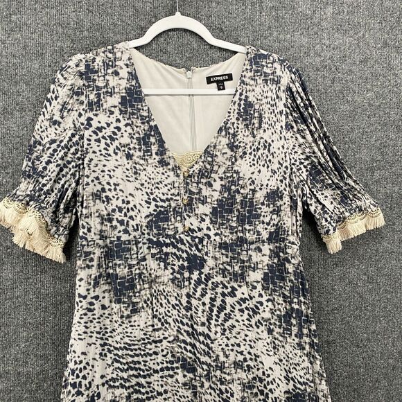 Express Dress Womens M Gray Print V-Neck Hi Low Ladies Cottagecore Boho Peasant - Picture 2 of 12